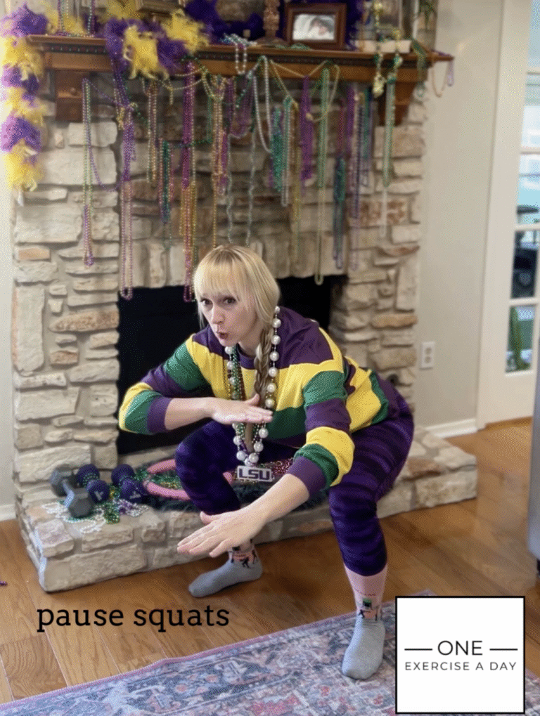 Pause squats with Kathryn Alexander on Mardi Gras! One Exercise a Day